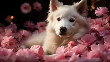 carino cucciolo seduta all'aperto, guardare a telecamera, circondato di fiori generato di ai foto