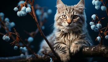 carino gattino seduta su ramo, fissando a giallo fiore generato di ai foto