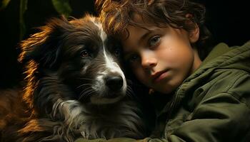 carino cane e bambino abbraccio, puro gioia e amicizia generato di ai foto