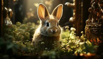 soffice bambino coniglio seduta nel erba, godendo il luce del sole generato di ai foto