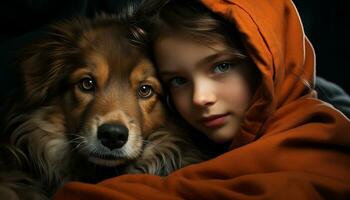 carino ragazza sorridente, Abbracciare una persona piccolo cucciolo, di razza Shetland cane da pastore generato di ai foto