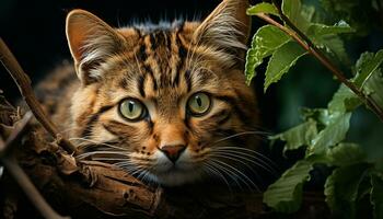 carino gattino seduta nel natura, fissando a telecamera scherzosamente generato di ai foto