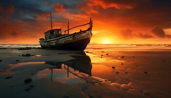 tramonto al di sopra di tranquillo mare, abbandonato pesca barca riflette bellezza generato di ai foto