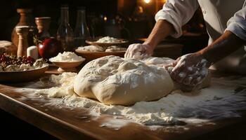 fatti in casa pane Impasto impasto su di legno tavolo, preparazione freschezza generato di ai foto