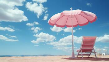 rilassamento nel natura blu ombrello, luce del sole, chiaro cielo, costa generato di ai foto