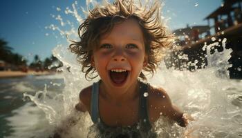 un' gioioso bambino spruzzi nel il acqua, godendo estate generato di ai foto