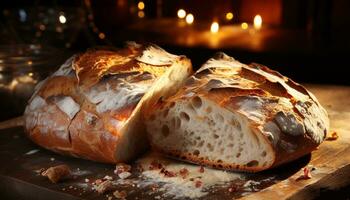 appena al forno pane su di legno tavolo, pronto per mangiare buongustaio pasto generato di ai foto