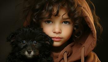 carino piccolo cane, bambino e cucciolo sorridente, guardare a telecamera generato di ai foto