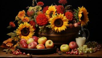 autunno freschezza giallo foglia, legna tavolo, girasole vaso, Mela decorazione generato di ai foto