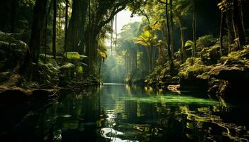 tranquillo scena di un' lussureggiante verde foresta con un' riflessivo stagno generato di ai foto