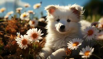 un' carino cucciolo seduta nel il erba, godendo il estate generato di ai foto