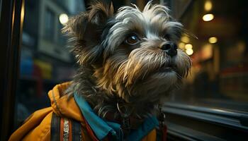 carino cucciolo seduta, guardare a telecamera, di razza yorkshire terrier generato di ai foto