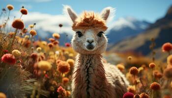 un' carino alpaca sfiora su verde erba nel il prato generato di ai foto