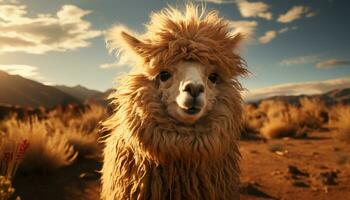 un' carino alpaca sguardi a il telecamera nel un' erboso prato generato di ai foto