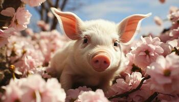 carino rosa maialino pascolo nel il prato, circondato di fiori generato di ai foto