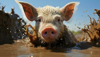 un' carino maialino gode il estate all'aperto, bagnato e fangoso generato di ai foto