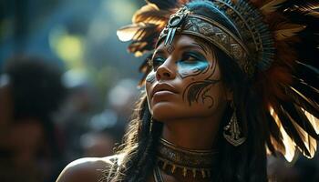 un' giovane indigeno donna trasuda eleganza e fiducia all'aperto generato di ai foto