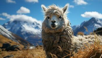 un' carino alpaca sfiora su un' nevoso montagna picco, guardare a telecamera generato di ai foto