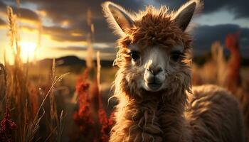 un' carino alpaca sfiora nel il prato a tramonto generato di ai foto