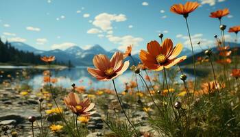 vivace colore fiori nel natura idilliaco, incolto prato di bellezza generato di ai foto