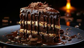 un' fetta di fatti in casa cioccolato torta su un' dolce piatto generato di ai foto