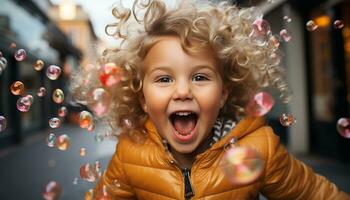 allegro, carino, sorridente bambino giocando, gioioso, spensierato, guardare a telecamera generato di ai foto