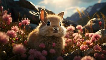 carino coniglio seduta nel erba, godendo il soleggiato prato generato di ai foto