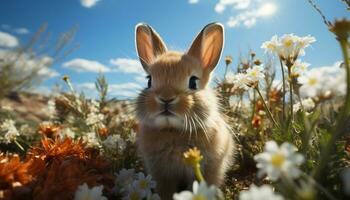 soffice bambino coniglio seduta nel verde prato, godendo primavera generato di ai foto