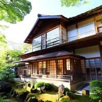 fantastico giapponese stile edificio esterno con naturale ambiente ai generativo foto