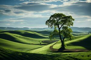 un' campo con verde erba e rotolamento colline. ai generativo foto