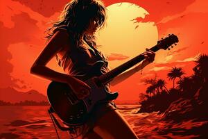 silhouette di un' 18 anno vecchio ragazza, femmina roccia cantante, giocare un' elettrico chitarra e cantare, davanti, Vintage ▾ moda, moderno manifesti. ai generativo foto