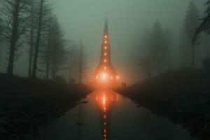 professionale paesaggio fotografia nel il mistico nebbia paesaggio con un' Chiesa. ai generativo foto
