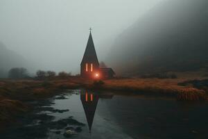 professionale paesaggio fotografia nel il mistico nebbia paesaggio con un' Chiesa. ai generativo foto