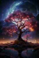 un' albero nel davanti di un' stellato cielo con viola dati flussi in aumento. ai generativo foto
