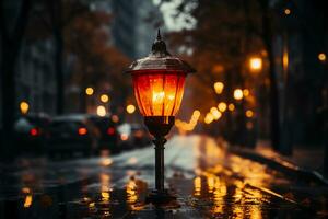 avvertimento lampada nel il strada a notte. rosso mettere in guardia lampada o avvertimento indicatore. ai generativo foto