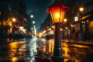 avvertimento lampada nel il strada a notte. rosso mettere in guardia lampada o avvertimento indicatore. ai generativo foto