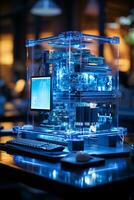 computer Banca dati, leggero blu illuminazione, poco profondo. ai generativo foto