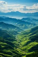 il bianca nuvole di effetto con verde montagne nel il distanza. ai generativo foto