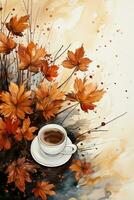 beige sfondo con caffè macchie e autunno le foglie nel acquerello stile. ai generativo foto