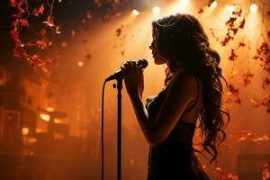 elegante fotografia di folclore ragazza cantando per un' microfono su palcoscenico. ai generativo foto