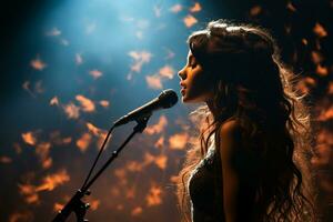 elegante fotografia di folclore ragazza cantando per un' microfono su palcoscenico. ai generativo foto