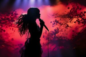 elegante fotografia di folclore ragazza cantando per un' microfono su palcoscenico. ai generativo foto