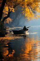 autunno scenario, il mattina nebbia coperture il lago autunno vento scoppia di salici a partire dal verde per giallo. ai generativo foto