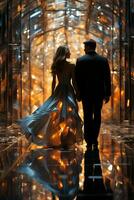 sorprendente multiplo esposizioni di un' coppia danza nel un' futuristico sala di specchi, il pavimento è superficiale cristallo blu acqua. ai generativo foto