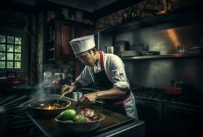 asiatico cucinando capocuoco cucina. creare ai foto