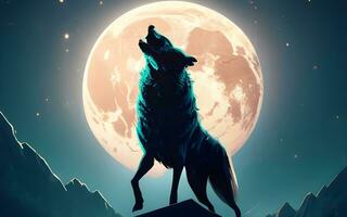 solitario custode di il notte, maestoso lupo silhouette bagnata nel chiaro di luna. ai generato foto