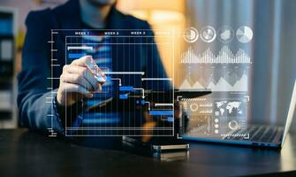 uomo d'affari mano progetto manager Lavorando e aggiornare compiti e gantt grafico programmazione virtuale diagramma.con inteligente Telefono, tavoletta e il computer portatile nel ufficio. foto