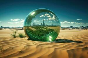 un' grande cristallo palla con verde impianti dentro contro il fondale di un vuoto deserto. Salva il ambiente. terra giorno concetto. foto