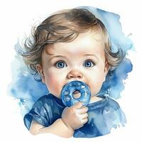 acquerello disegno di un' carino bambino. ritratto di un' bambino con un' giocattolo nel il mani di un' scuola materna. ai generato foto