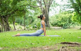 ritratto di un' giovane donna fare yoga nel il giardino per un' allenamento. concetto di stile di vita fitness e sano. asiatico donne siamo praticante yoga nel il parco. foto